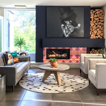 eclectic timorous beasties "rorschach" adorns fireplace in tuck studio remodel