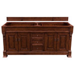 James Martin Vanities - Brookfield 72" Warm Cherry Double Vanity - The Brookfield 72", double sink, Warm Cherry vanity by James Martin Vanities features hand carved accenting filigrees and raised panel doors. Four doors, two on either side, open to shelves for storage below and three center drawers. The look is completed with Antique Brass finish door and drawer pulls. Matching decorative wood backsplash is included.