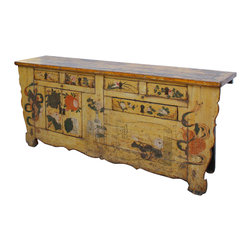 Chinese Distressed Yellow Oriental Flower Graphic TV Console Cabinet - Accent Chests And Cabinets