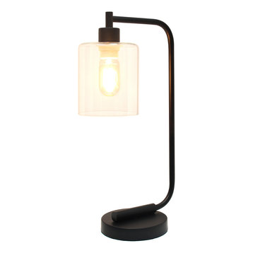 Bronson Antique Style Industrial Iron Lantern Desk Lamp With Glass Shade, Black