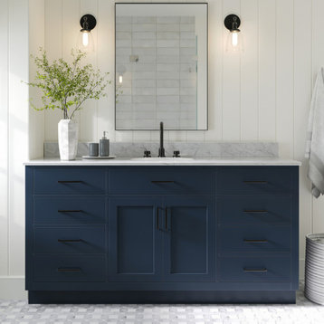 Ariel Hepburn 67" Oval Sink Bath Vanity, Midnight Blue, 0.75" Carrara Marble