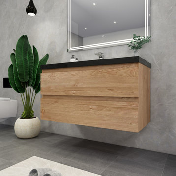 Belli 42" Wall Mounted Single Bathroom Vanity Set, England Oak, Matt Black Top