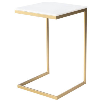 Modern End Table, C-Shaped Frame With Golden Finish & Square White Marble Top