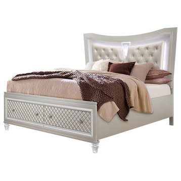 HomeRoots Champagne tone Queen Bed With padded headboard LED lightning 2 drawer