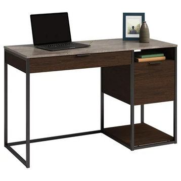 Modern Desk, Metal Frame With Faux Stone Top & Ample Storage Space, Umber Brown