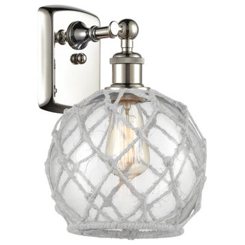 Farmhouse Rope 1-Light Sconce, Polished Nickel, Clear Glass With White Rope