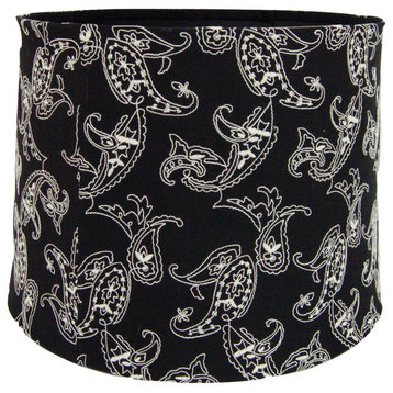 14" Embroidered Black Linen Drum Shade, Softback, 13x14x9.75, Washer Fitting