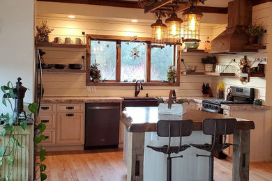 Cottage l-shaped light wood floor kitchen photo in Other with a farmhouse sink, raised-panel cabinets, white cabinets, quartz countertops, white backsplash, shiplap backsplash, stainless steel appliances and multicolored countertops