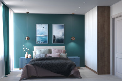 Стильный дизайн: хозяйская спальня в современном стиле с зелеными стенами и полом из винила - последний тренд