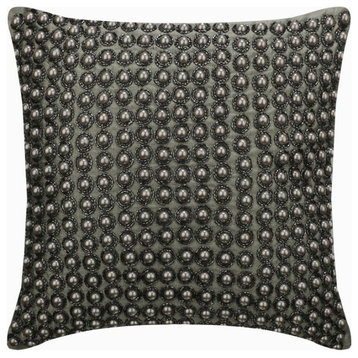 Decorative 26"x26" Pearls Beaded Gray Silk Pillows For Couch, Precious Pearls