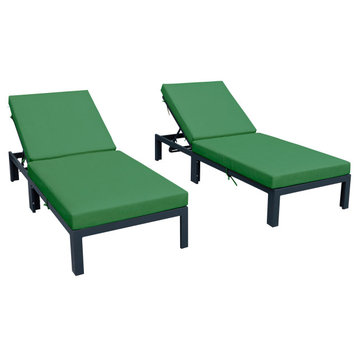 LeisureMod Chelsea Aluminum Chaise Lounge Chair With Cushions, Set of 2, Green