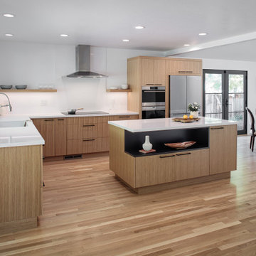 Japandi Kitchen with white oak floors and rift cut white oak custom cabinets