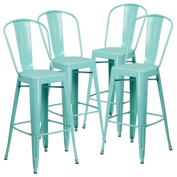 30" High Mint Green Metal Indoor/Outdoor Barstools With Back, Set of 4