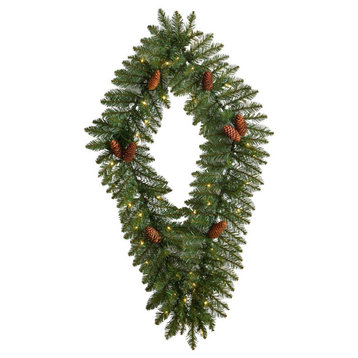 3' Holiday Christmas Geometric Diamond Wreath With Pinecones & White LED Lights