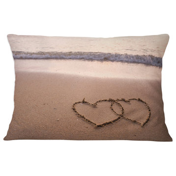 Two Hearts Drawn on the Beach Seascape Throw Pillow, 12"x20"