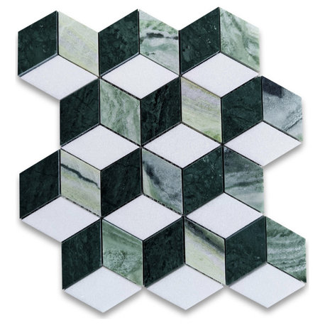 Thassos White Marble Illusion 3D Rhombus Hexagon Mosaic Tile Green, 1 sheet