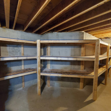 Custom rough finish storage shelving in basement