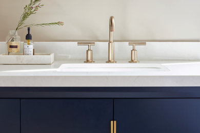 Inspiration for a large transitional master gray tile double-sink bathroom remodel in Toronto with flat-panel cabinets, blue cabinets, marble countertops, white countertops and a built-in vanity