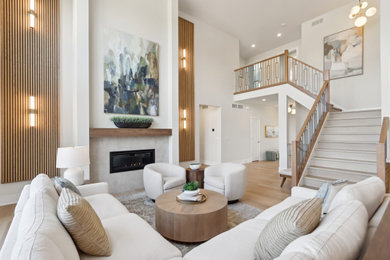 Living room - large transitional wood wall living room idea in Miami