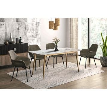 LeisureMod Zayle Dining Table With a 71" Rectangular Top and Gold Steel Base, White Gray