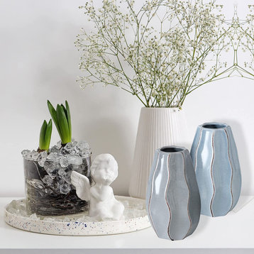 Tonal Ripple Blue and Grey Vases, Set of 2