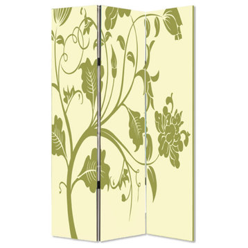 3 Panel Room Divider With Stems And Flower Pattern, Cream And Green