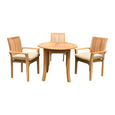 4-Piece Outdoor Teak Dining Set, 36" Round Table, 3 Lua Stacking Arm Chairs