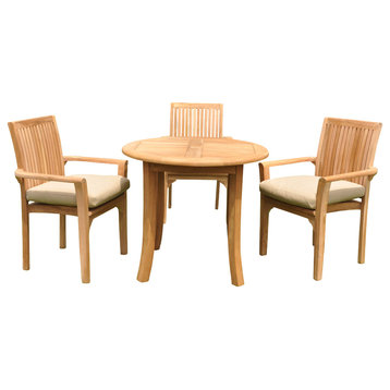 4-Piece Outdoor Teak Dining Set, 36" Round Table, 3 Lua Stacking Arm Chairs