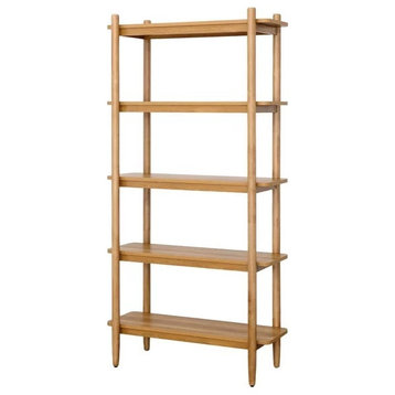 Mid Century Modern Bookcase, Rubberwood Construction With 5 Shelves, Light Honey