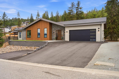 Example of a large trendy one-story mixed siding house exterior design in Other with a gray roof