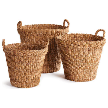 Seagrass Tapered Baskets With Handles And Cuffs, Set of 3