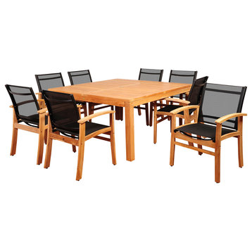 Amazonia Sunset View 9-Piece Teak Square Dining Set With Black Sling Chair