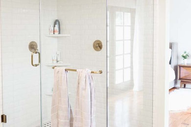 Example of a classic white tile and mosaic tile mosaic tile floor double shower design in Phoenix with white walls