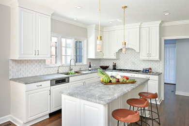 Example of a classic dark wood floor and brown floor eat-in kitchen design in Other with a single-bowl sink, beaded inset cabinets, white cabinets, marble countertops, white backsplash, subway tile backsplash, stainless steel appliances and an island