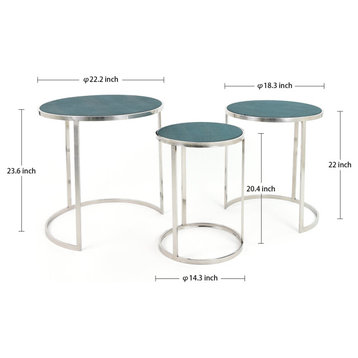 Set of 3 Nesting End Table, Polished Stainless Steel Base & Shagreen Leather Top