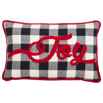 Buffalo Plaid Pillow Cover With Joy Design, 12"x20", Black