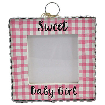 Round Top Collection Baby Girl Photo Frame Wood Pink Gingham Plaid Y22027