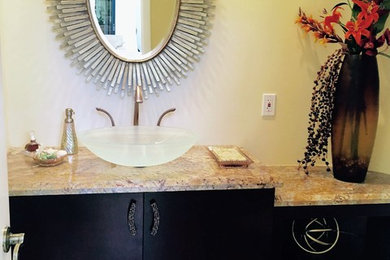 Bathroom - mid-sized contemporary master bathroom idea in Miami with flat-panel cabinets, dark wood cabinets, yellow walls and a vessel sink