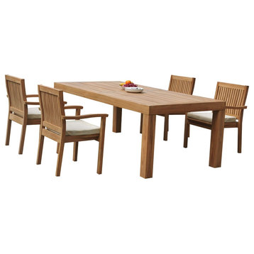 5-Piece Outdoor Teak Dining Set: 86" Rectangle Table, 4 Leveb Stacking Arm Chair