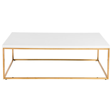 Teresa Rectangular Coffee Table, White Lacquer/Brushed Gold Stainless Steel