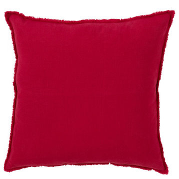 Fringed Design Linen Throw Pillow, Red, 20", Down Filled