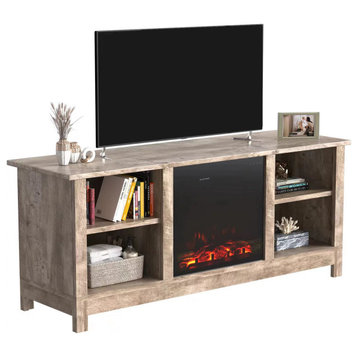 Classic TV Stand, Electric Fireplace Insert With Flame Effect & Shelves, Gray