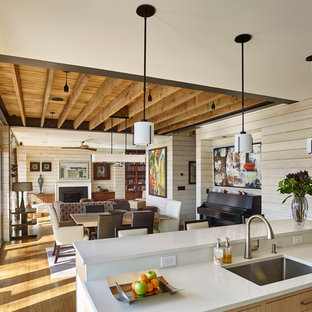 Foto på ett mellanstort funkis vardagsrum, med ljust trägolv, en standard öppen spis, en spiselkrans i sten och en dold TV