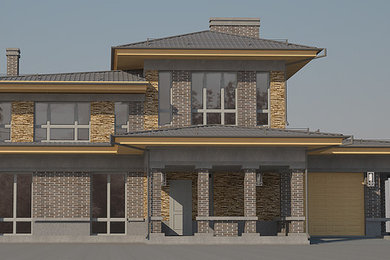 Идея дизайна: двухэтажный частный загородный дом с комбинированной облицовкой