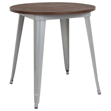 26" Round Silver Metal Indoor Table With Walnut Rustic Wood Top