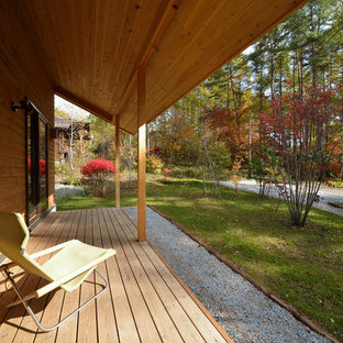 東京23区の北欧スタイルのおしゃれな横庭のデッキ (張り出し屋根) の写真