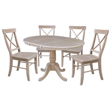 36" Round Extension Dining Table With X-back Chairs, Washed Gray Taupe, 5 Piece