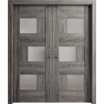 Sliding Double Pocket Doors 64 x 96, 6933 Nebraska Grey & Frosted Glass