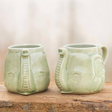 NOVICA Elephant Greeting And Celadon Ceramic Mugs  (Pair)