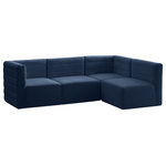 Meridian Furniture - Quincy Velvet Upholstered 4-Piece L-Shaped Modular Sectional, Navy - Show them all that less is more with the minimalist look of this Quincy velvet cloud-like comfort modular sectional. This elegant chair features a simple design that's all about comfort and modern style. The soft navy velvet upholstery is sleek to the touch, and the back of the unit features deep horizontal channel tufting for a look that wows. Because this is a modular seating option, you can pair it easily with other items in the Quincy collection to create a look you love. Latches underneath make it easy to mix and match items from the collection.